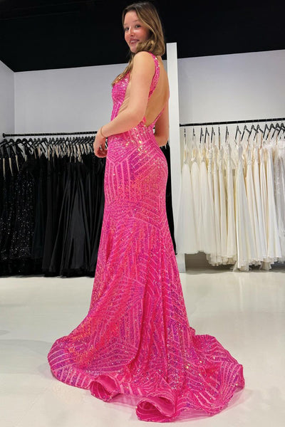 Mermaid V Neck Pink Sequins Long Prom Dresses AB4031003