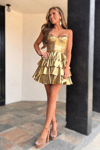 Gold Strapless Ruffle Tiered Short Homecoming Dresses AB4052801