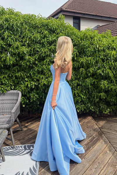 A Line Scoop Neck Blue Satin Long Prom Dress with Beading AB26060918