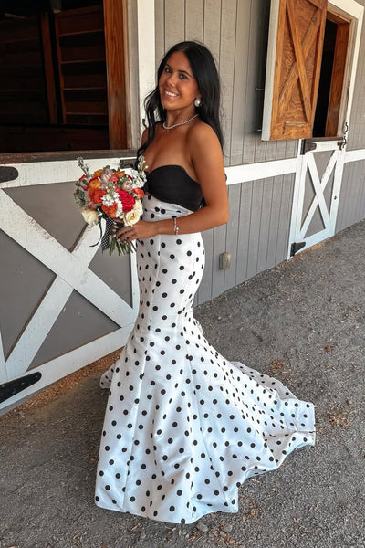 Mermaid Sweetheart White Black Dot Satin Prom Dress AB26040517