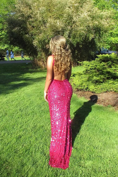 Sparkly Mermaid V Neck Fuchsia Sequins Lace Prom Dress with Slit AB26052606