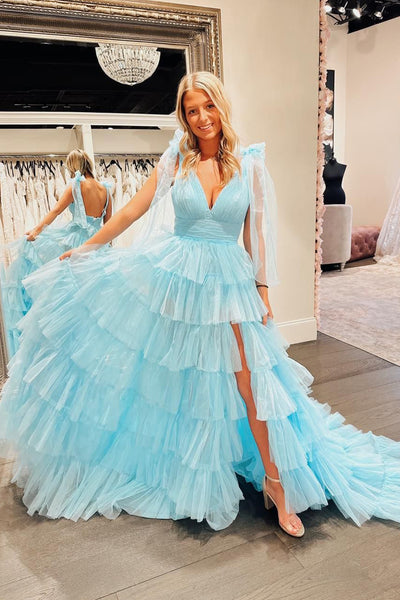 Cute A Line V Neck Blue Tulle Long Prom Dress with Slit AB4021201