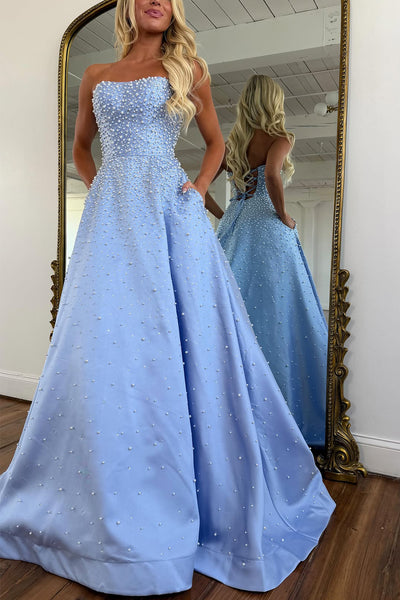 Cute A Line Strapless Yellow Satin Prom Evenning Dress with Hot Fix AB26033009