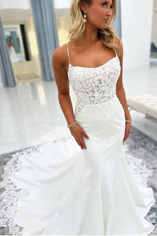 Sweet Mermaid Scoop Neck Lace Wedding Dresses with Train AB25050208