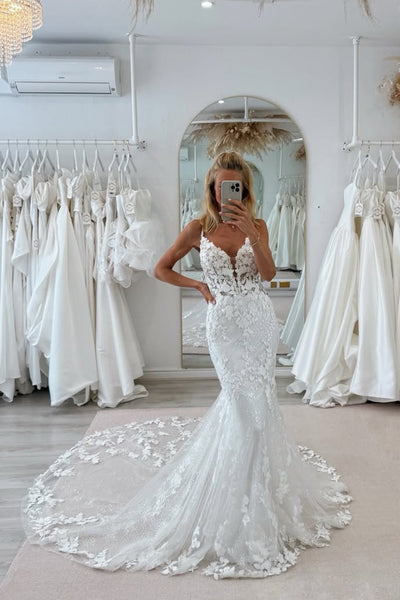 Bohemian Mermaid V Neck Lace Wedding Dress with Appliques AB26061410