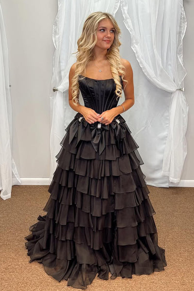 Cute A Line Scoop Neck Black Chiffon Tiered Prom Dress AB25101404