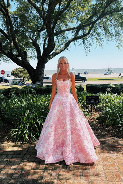 Gorgeous A Line Scoop Neck Pink Jacquard Satin Prom Dress with Pearls AB26050701
