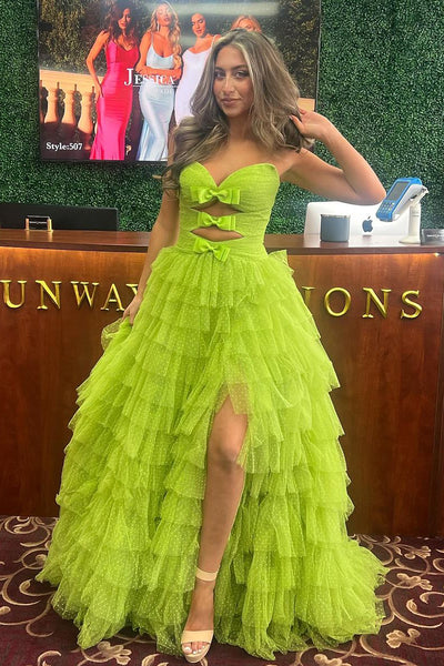 Chic A-Line Strapless Green Ruffle Tiered Tulle Long Prom Dress AB4050603