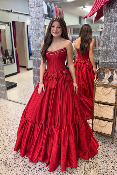 Sweet A Line Scoop Neck Dark Red Satin Prom Dress with Bow AB25122207