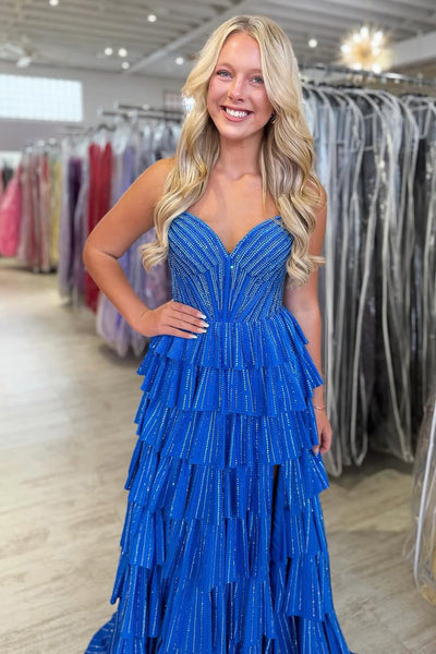 A Line Sweetheart Royal Blue Tiered Prom Dress with Hot Fix Rhinestones AB26041710