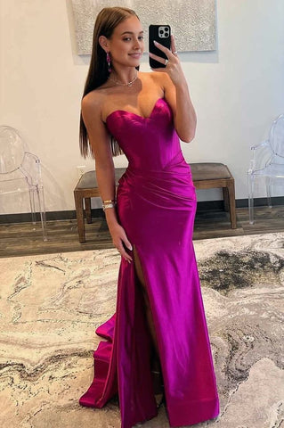 Cute Mermaid Strapless Fuchsia Satin Mermaid Prom Dress with Slit AB25010401
