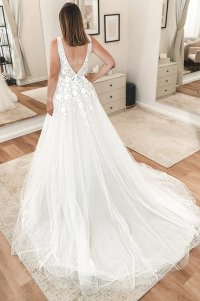Boho A Line V Neck Tulle Wedding Dress with Appliques AB25092805