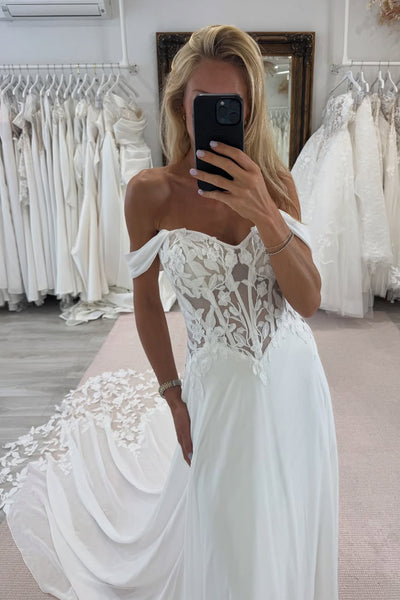 Bohemian A Line Off the Shoulder Chiffon Beach Long Wedding Dress with Appliques AB25101008