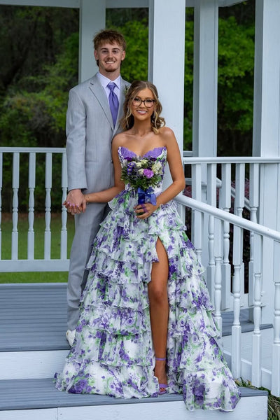 Cute A Line Sweetheart Lavender Chiffon Tiered Prom Dress with Slit AB26041904