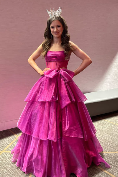 Gorgeous Ball Gown Strapless Fuchsia Organza Prom Dress with Bow AB25020604