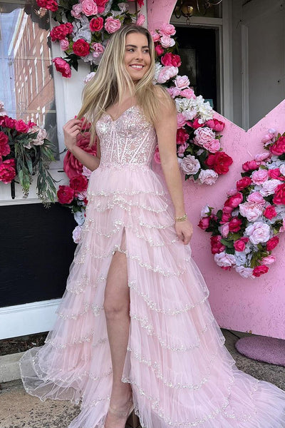 Cute A Line Sweetheart Light Pink Tulle Long Prom Dress with Slit AB4021202