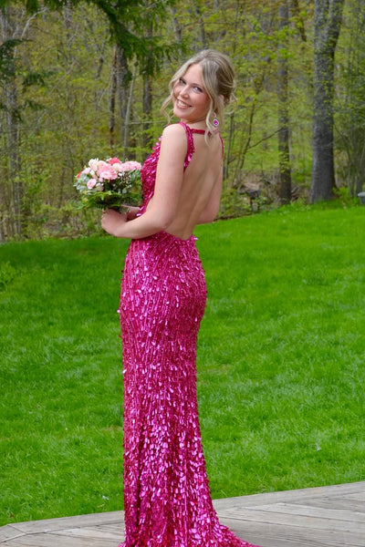 Stunning Mermaid V Neck Fuchsia Sequins Prom Dress with Beading AB26050706