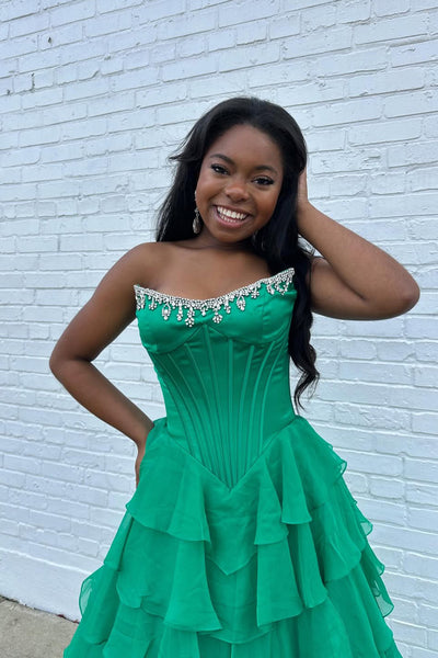 A Line Scoop Neck Green Chiffon Tiered Prom Dress with Beading AB25120307