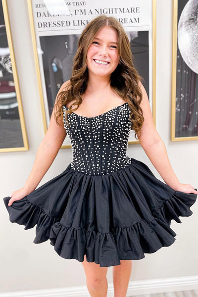 Cute A Line Scoop Neck Satin Short Homecoming Dress with Beading AB25102607