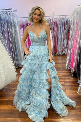Cute A Line V Neck Floral Printed Tulle Tiered Prom Dress with Slit AB25010208