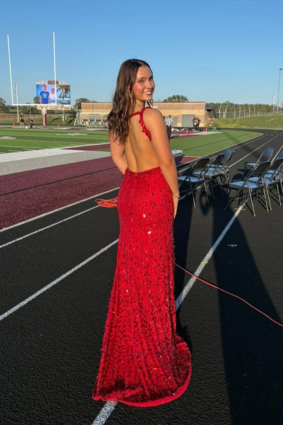 Gorgeous Mermaid V Neck Red Sequins Beading Long Prom Dress with Slit AB25100702
