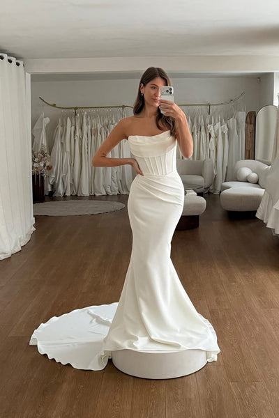 Fashion Mermaid Strapless White Satin Wedding Dress AB26061501