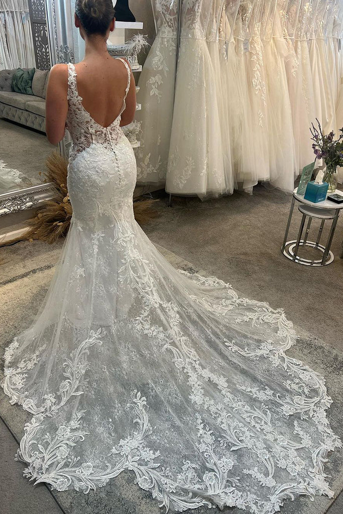 Charming Mermaid Square Neck Lace Long Wedding Dresses with Appliques AB082404 Anniebride Charming Mermaid Square Neck Lace Long Wedding Dresses with Appliques AB082404 Anniebride