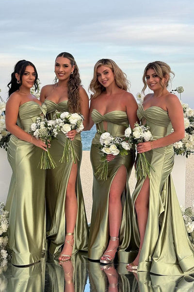 Charmign Mermaid Sweetheart Sage Green Long Bridesmaid Dresses with Slit AB24062706