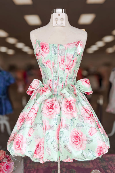 A Line Scoop Neck Floral Satin Short Homecoming Dress AB26071607