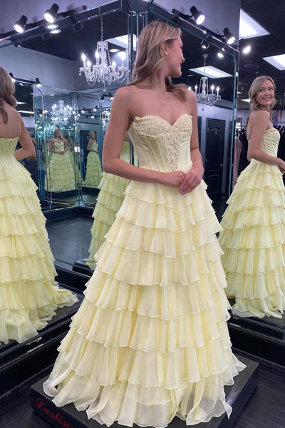 Cute A Line Sweetheart Daffodil Tiered Chiffon Prom Dress with Appliques AB26020306