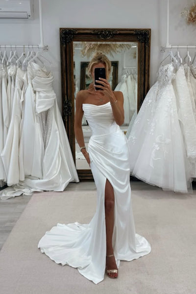 Charming Mermaid Scoop Neck Silk Satin Wedding Dress with Slit AB25112405