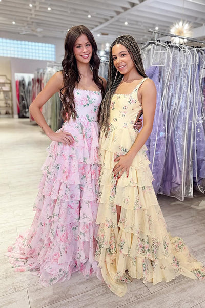 Cute A Line Square Neck Floral Chiffon Prom Dress with Beading AB26030508