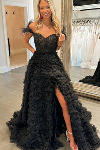 Cute A Line Off the Shoulder Black Tulle Long Prom Dresses with Beading AB072904