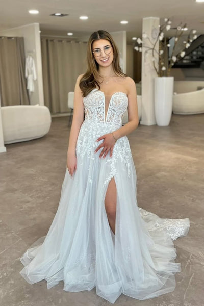 Boho A Line Sweetheart Tulle Wedding Dress with Appliques AB26060815
