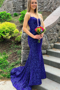 Gorgeous Mermaid v Neck Royal Blue Sequins Long Prom Dresses AB061825