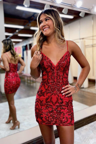 Cute Bodycon V Neck Red Sequins Short Homecoming Dresses AB082408