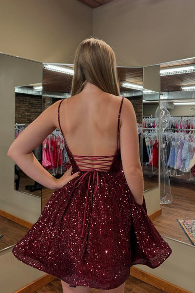 Cute A Line V Neck Burgundy Sequins Short Homecoming Dresses AB24092306