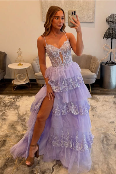 Cute A Line V Neck Lavender Tulle Prom Dress with Slit AB26040104