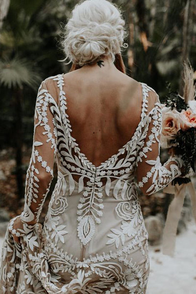 Bohemian Mermaid Scoop Neck Long Sleeves Lace Beach Wedding Dress AB081204