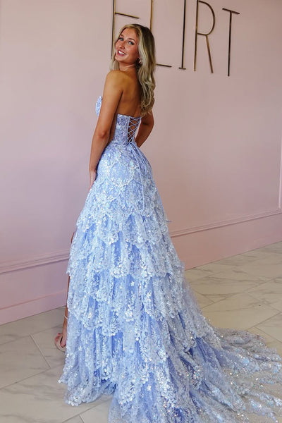 Gorgeous A Line V Neck Light Blue Lace Tiered Prom Dress with Slit AB25021208