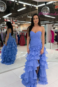 Sheath Sweetheart Blue Chiffon Tiered Prom Dress with Slit AB25092704