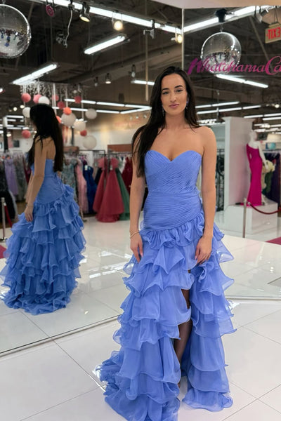 Sheath Sweetheart Blue Chiffon Tiered Prom Dress with Slit AB25092704