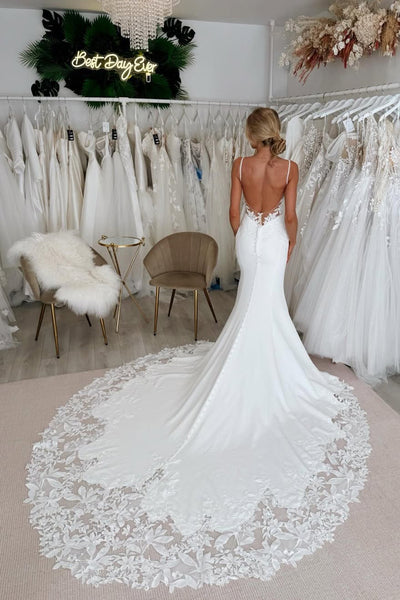 Boho Mermaid V Neck Beach Wedding Dresses with Lace AB25050705
