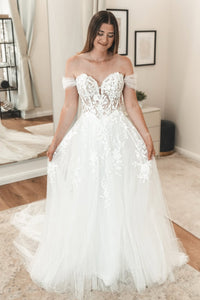 Fairy A Line Off the Shoulder Tulle Wedding Dress with Appliques AB25092520