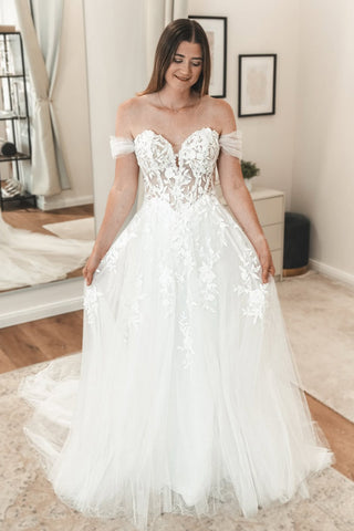 Fairy A Line Off the Shoulder Tulle Wedding Dress with Appliques AB25092520