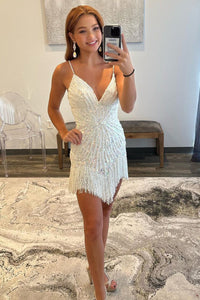 Cute Bodycon V Neck White Beading Short Homecoming Dresses ABHC061833