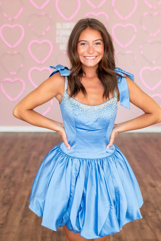 Cute A Line Square Neck Light Blue Homecoming Dress with Beading AB25092504