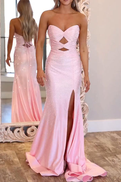Sparkly Mermaid Sweetheart Pink Hot FIx Satin Prom Dress with Slit AB26012904