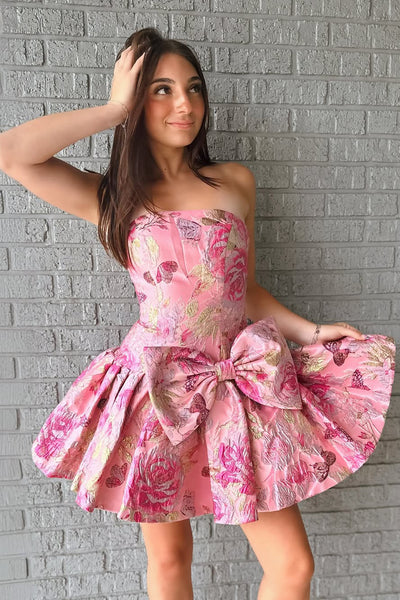 Cute A Line Strapless Neck Pink Jacquard Satin Homecoming Dress AB25090803