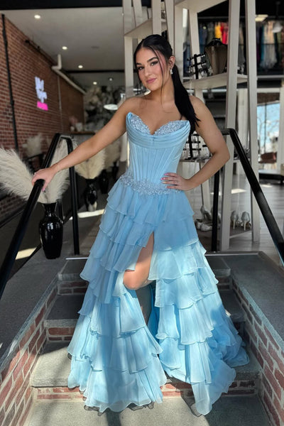Cute A Line Sweetheart Light Blue Chiffon Tiered Prom Dress AB26032808